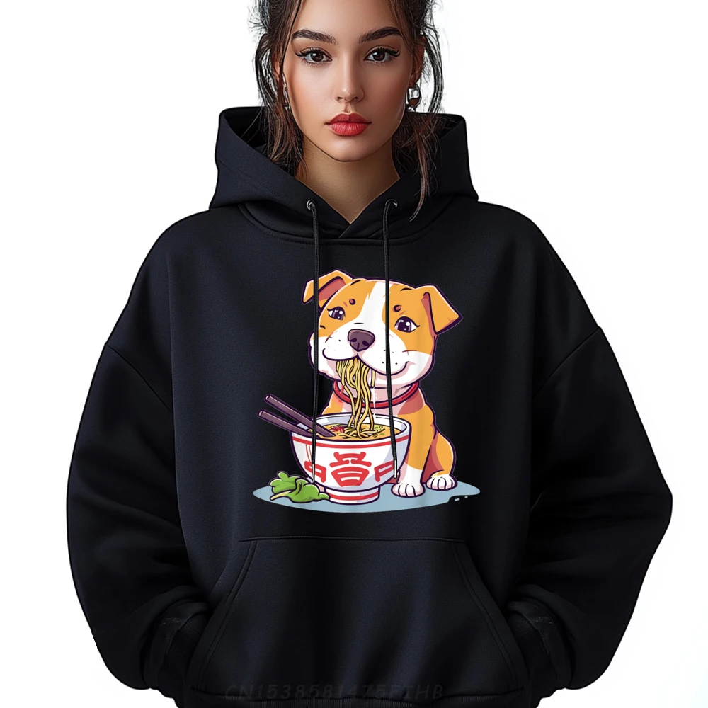 

Funny Pitbull eating Ramen Noodle Soup Kawaii Graphic Luxury Designer Women Polyester Fiber Hoodies Men Party