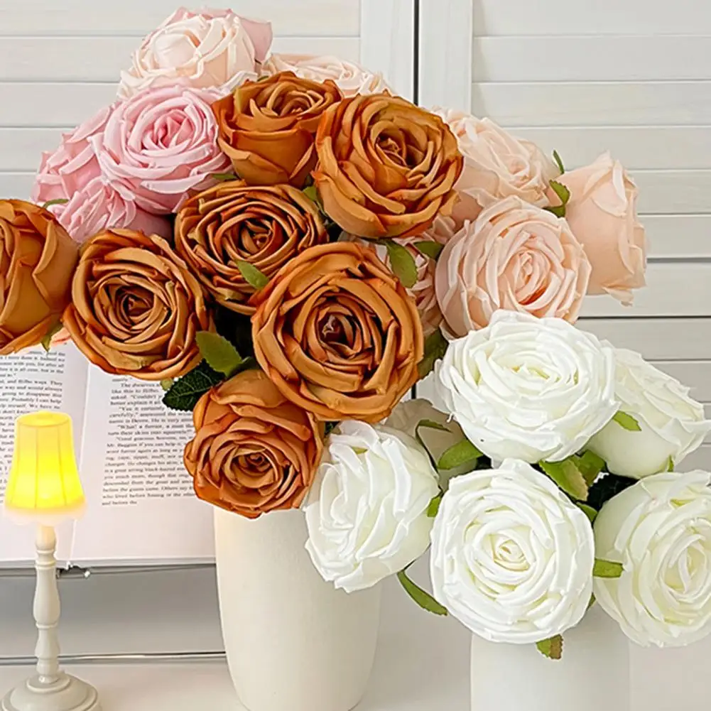 

Rose Bouquet Artificial Rose Flower Bouquet with 7 Full Bloom Heads Faux Silk Floral Arrangement for Wedding Home Office Party