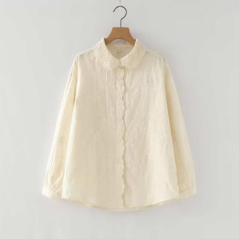 ใหม่2025ฤดูใบไม้ร่วงผ้าฝ้ายเสื้อแขนยาวผู้หญิงPeter Pan Collarเย็บปักถักร้อย, MoriสาวRetroหวานสบายๆหลวมเสื้อT55316CC