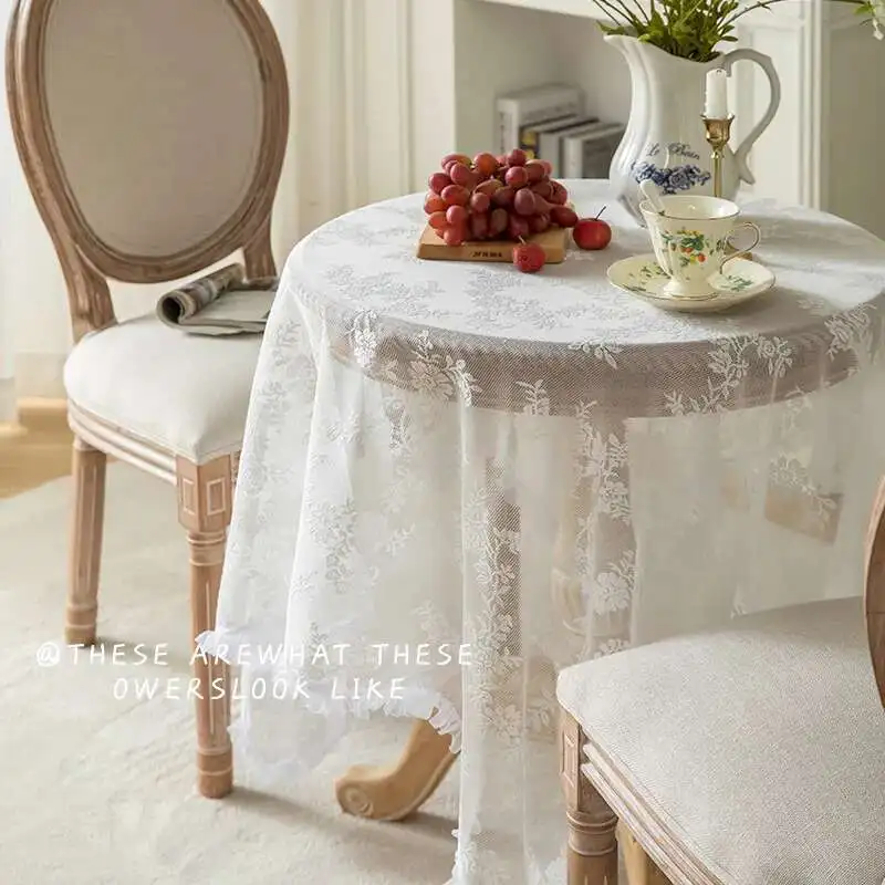 French Romantic Lace Tablecloth Wedding White Decorative Tablecloth Premium Round Tablecloth Rural Embroidery Tablecloth Cover
