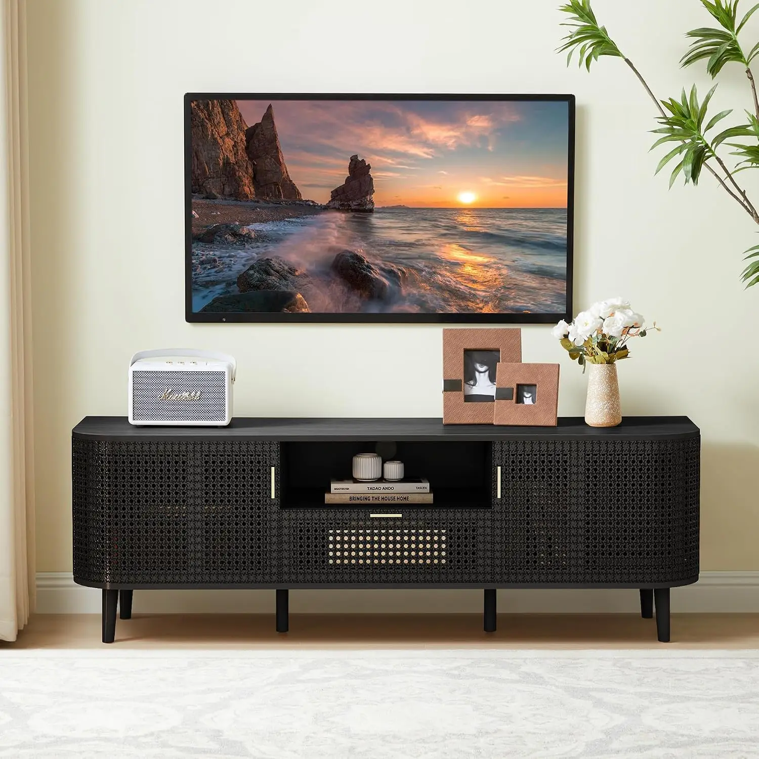 Boho TV Stand Media Console with Rattan Doors Drawer for Living Room Fits 65 Inch, Customized