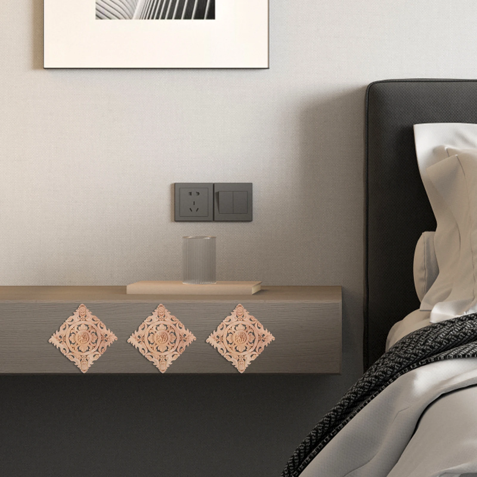 

Square Wood Carved Appliques Unpainted Solid Wood Decor for Closet Cabinet Furniture Drawer Wall Ceiling with Chinese Fu