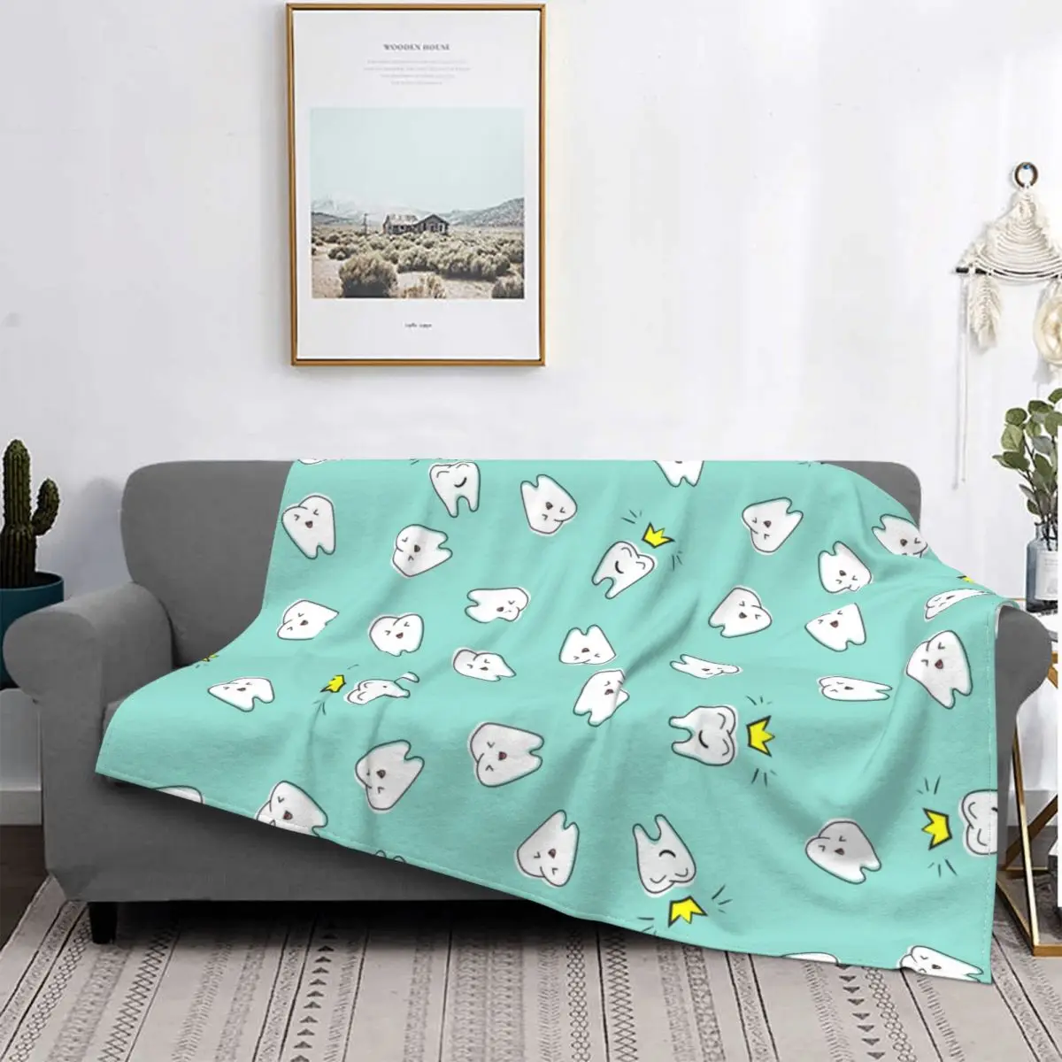 Cute Happy Teeth Dental Braces Pattern Blanket Velvet Spring Autumn Portable Ultra-Soft Throw Blankets for Sofa Car Bedspread