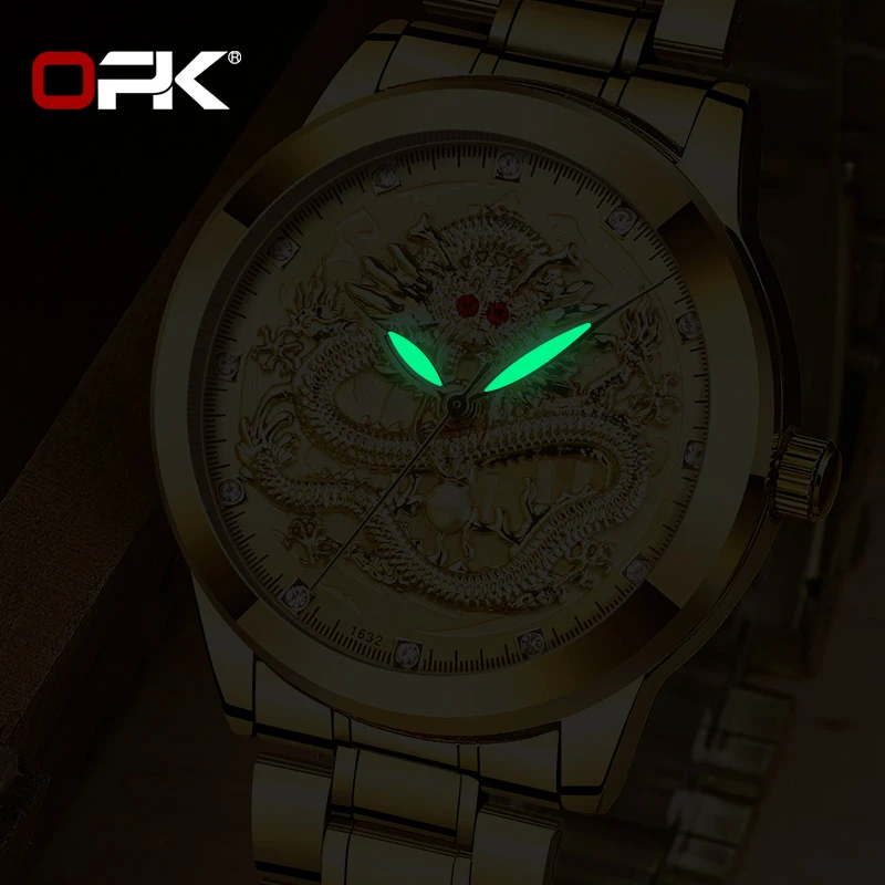 OPK 8111 Mens Watch Golden luxury Top Brand Quartz Watch Chinese dragon Stainless steel Waterproof Luminous Watches For Men