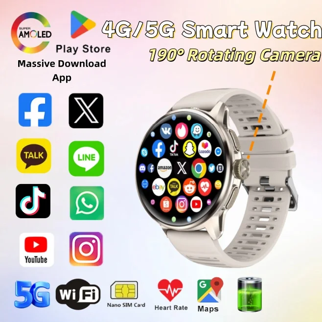 2026 Android Smart Watch 4G/5G Network 1.6inches  AMOLED Large Screen 190° Rotating Camera Google Play WiFi GPS Smartwatch Men
