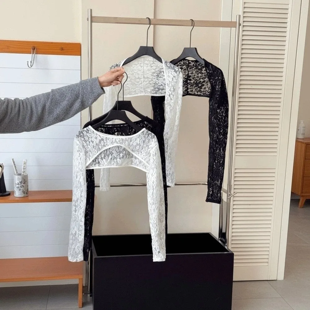 Long Sleeve Lace Sun Protection Tank Top Lightweight Fashion Elastic Flower Printed Shawl Breathable Mesh Top