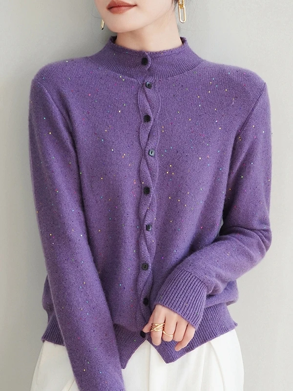 

Утепленный вязаный кардиган для женщин: верхняя одежда, базовый слой, мягкий нейлоновый шерстяной микс, длинный рукав, высокий воротник, зимняя мода