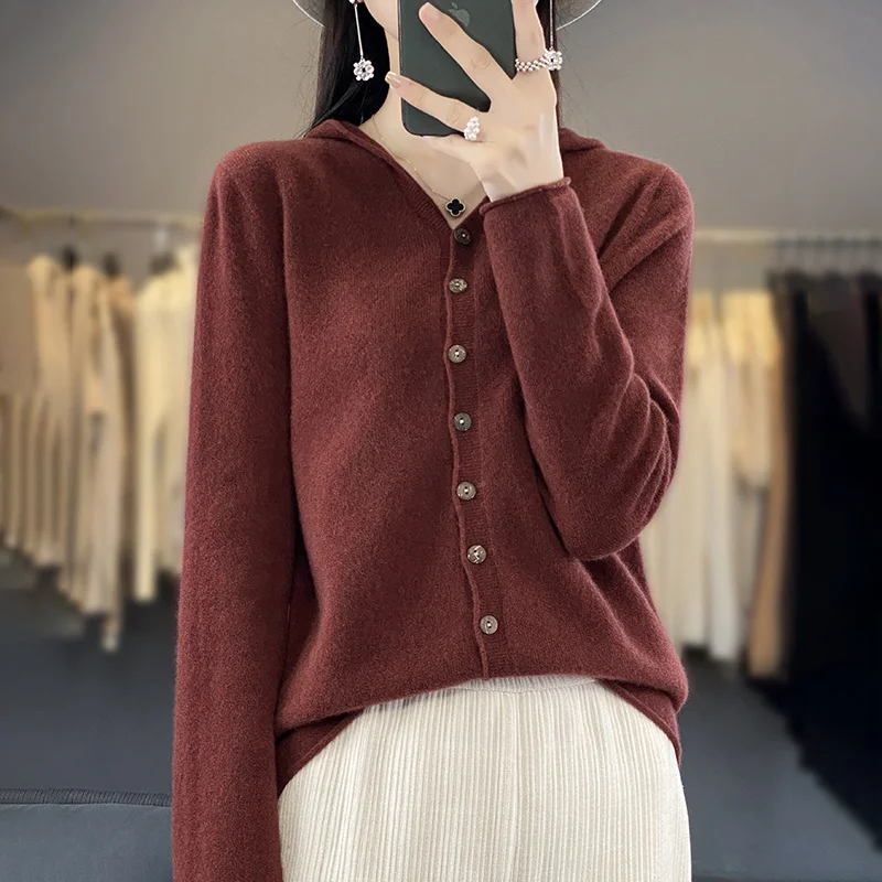 2024 autumn and winter new 100% merino wool solid color long sleeve hooded cardigan casual Korean Joker cardigan jacket