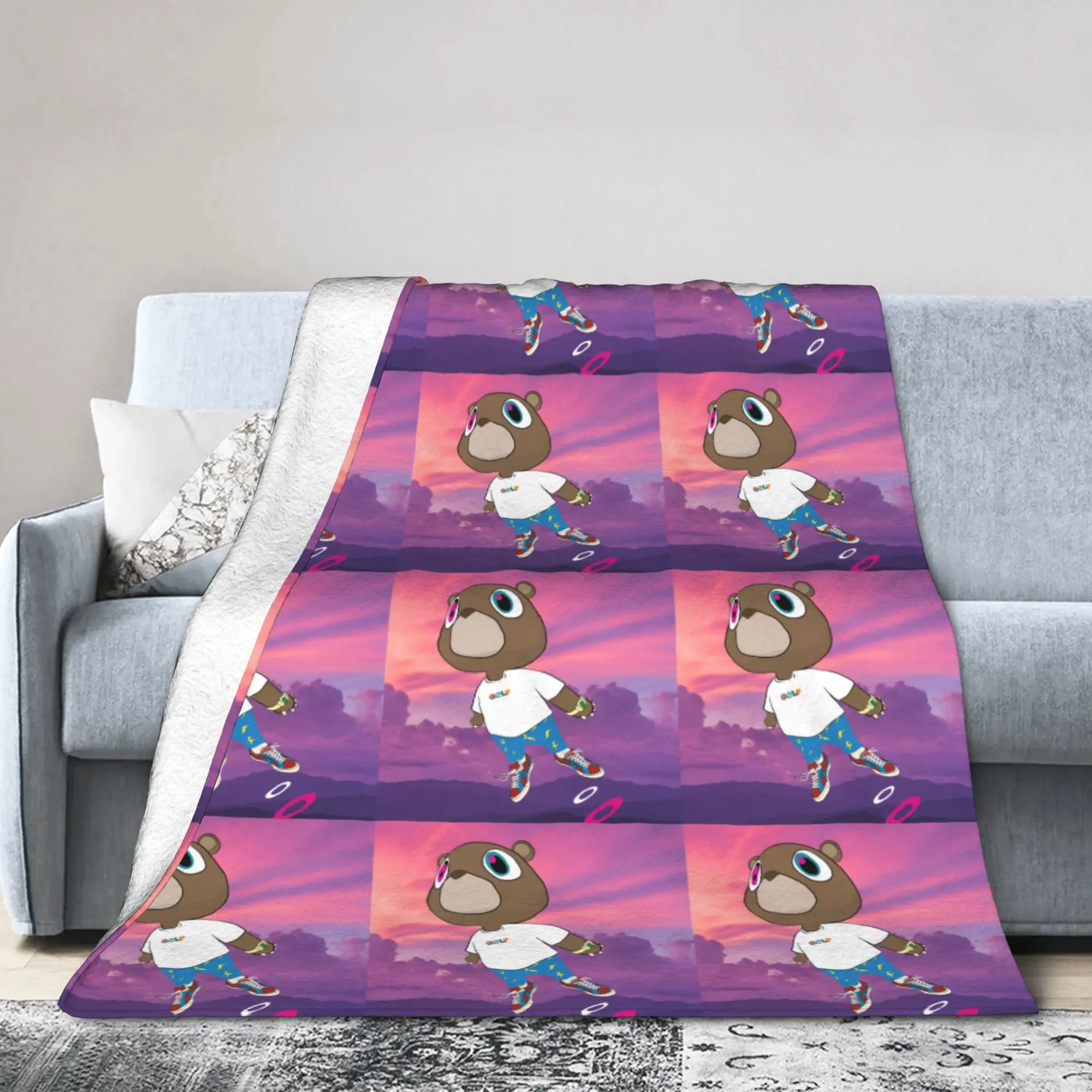 Custom Sofa Fleece Kanye West Graduation Bear Throw Blanket Warm Flannel  Blankets for Bedding Home Couch Quilt