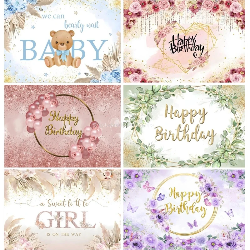 

It's a Girl Baby Shower Backdrop Boho Bear Pink Gender Reveal Photography Background Party Newborn Photo Studo Props HK-02