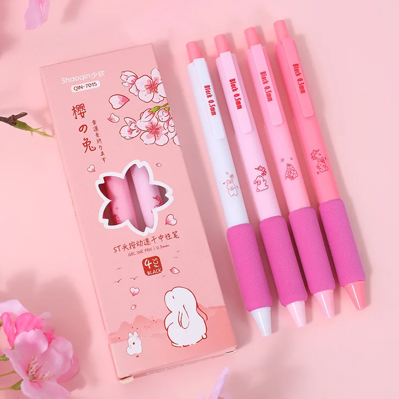 4pcs Pink Rabbit Gel Ink Pen Set ST Pen Tip Black Ink Quick Dry Pen Press Action Gel Pen School Supplies Office Stationery Gift