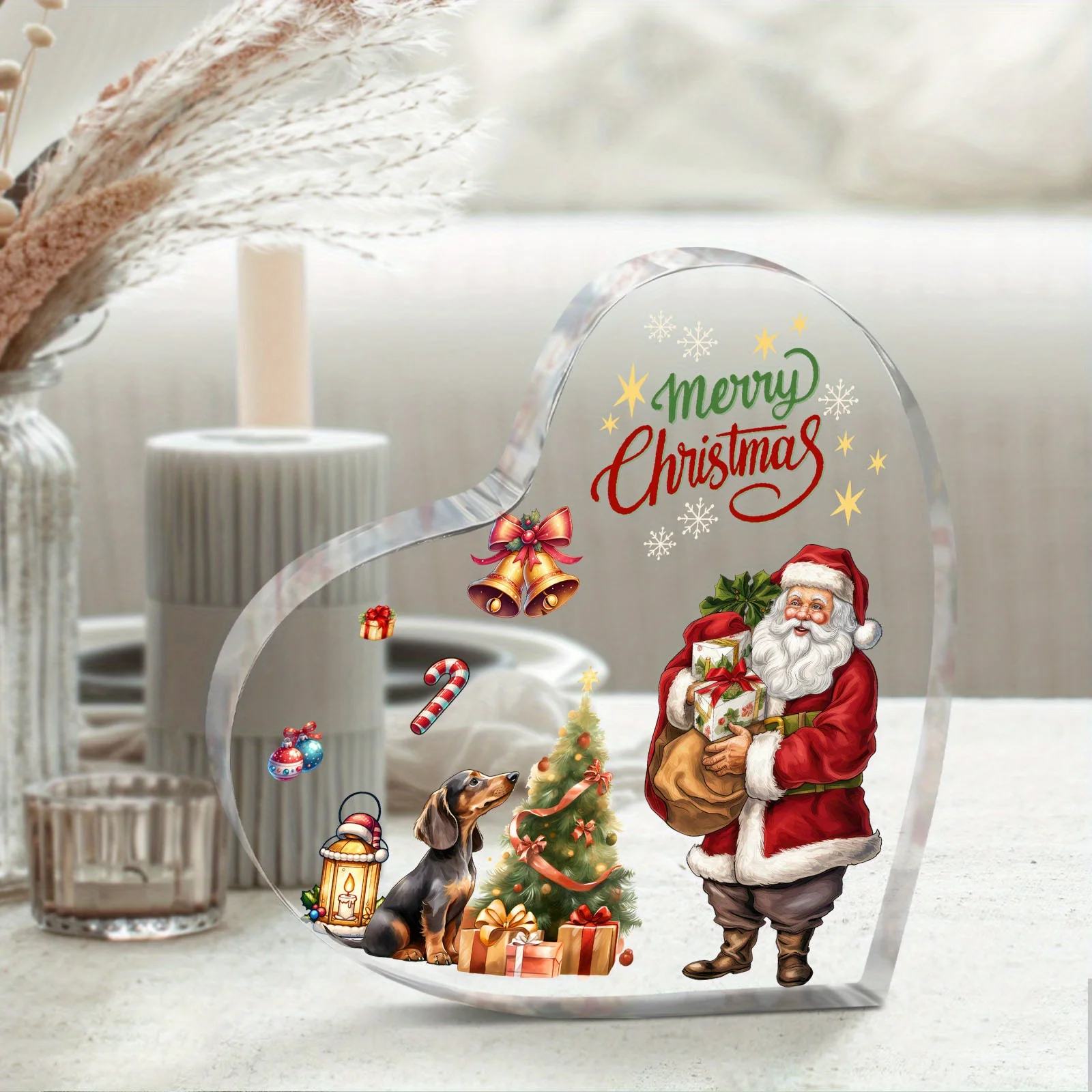 Merry Christmas Heart‑Shaped Acrylic Plaque, Santa Claus Dachshund Dog Table Decor