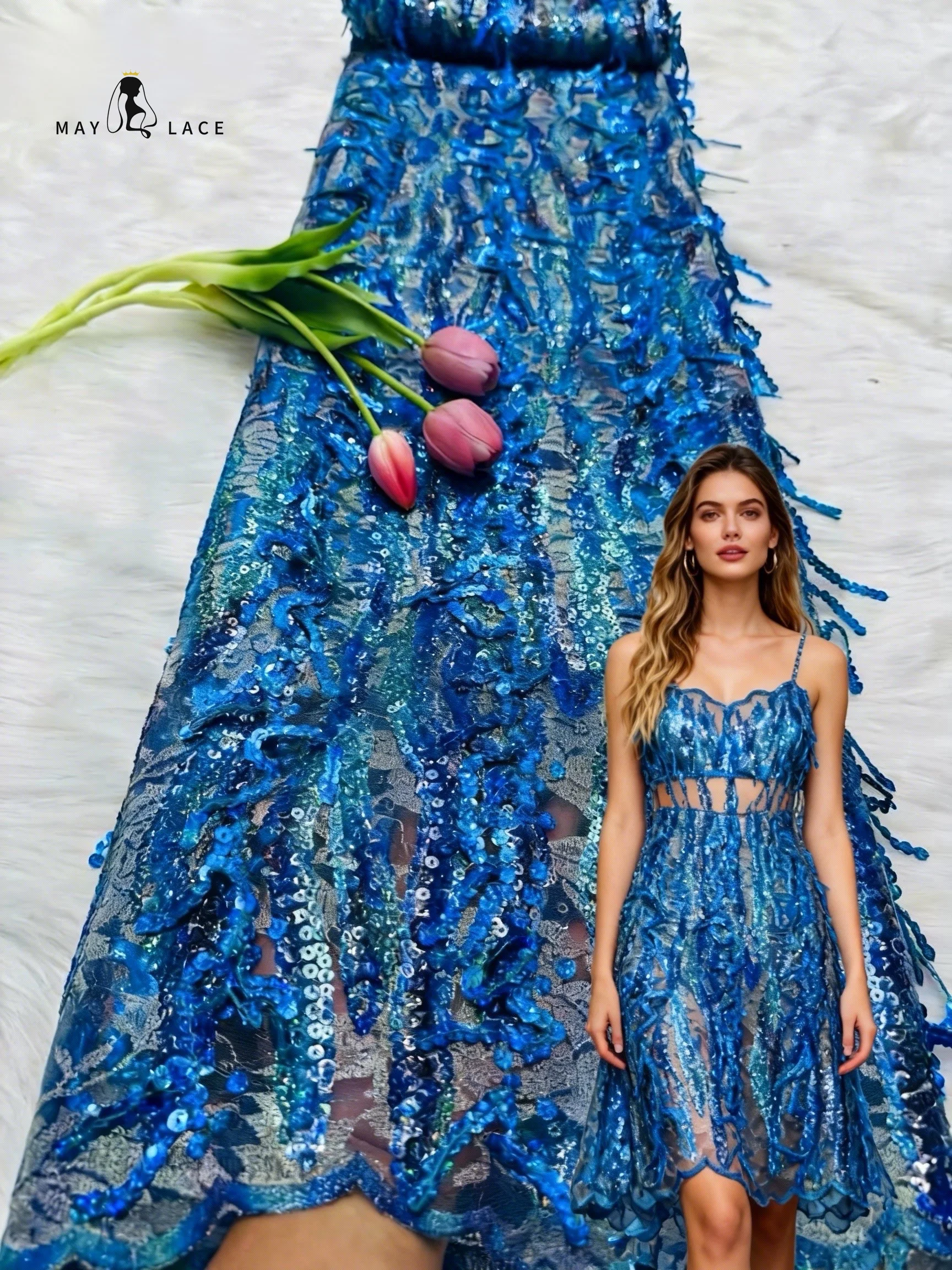 

New French Nigerian Sequins Net Lace 2026 High Quality African Mesh Tassel Sequence Lace Fabric For Evening dress Weddings Party