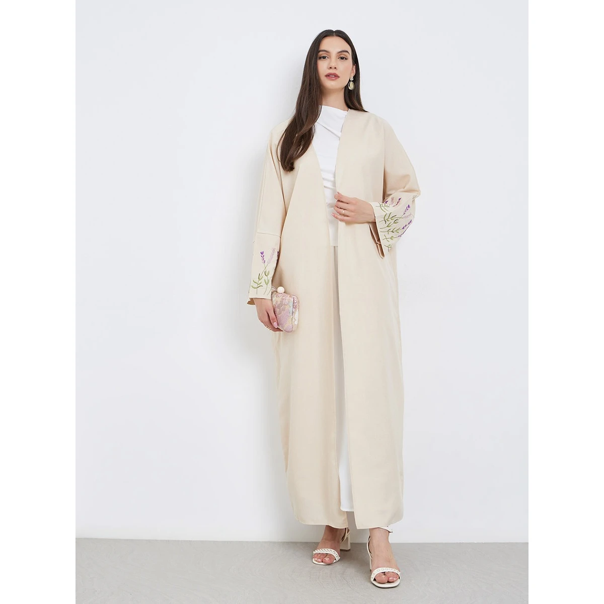 Abaya Bordada con Flores, Abierta por Delante, Vestidos Maxi para Mujeres Musulmanas, Mangas Largas, Abayas Holgadas, Caftanes de Oriente Medio, Jilbabs Islámicos