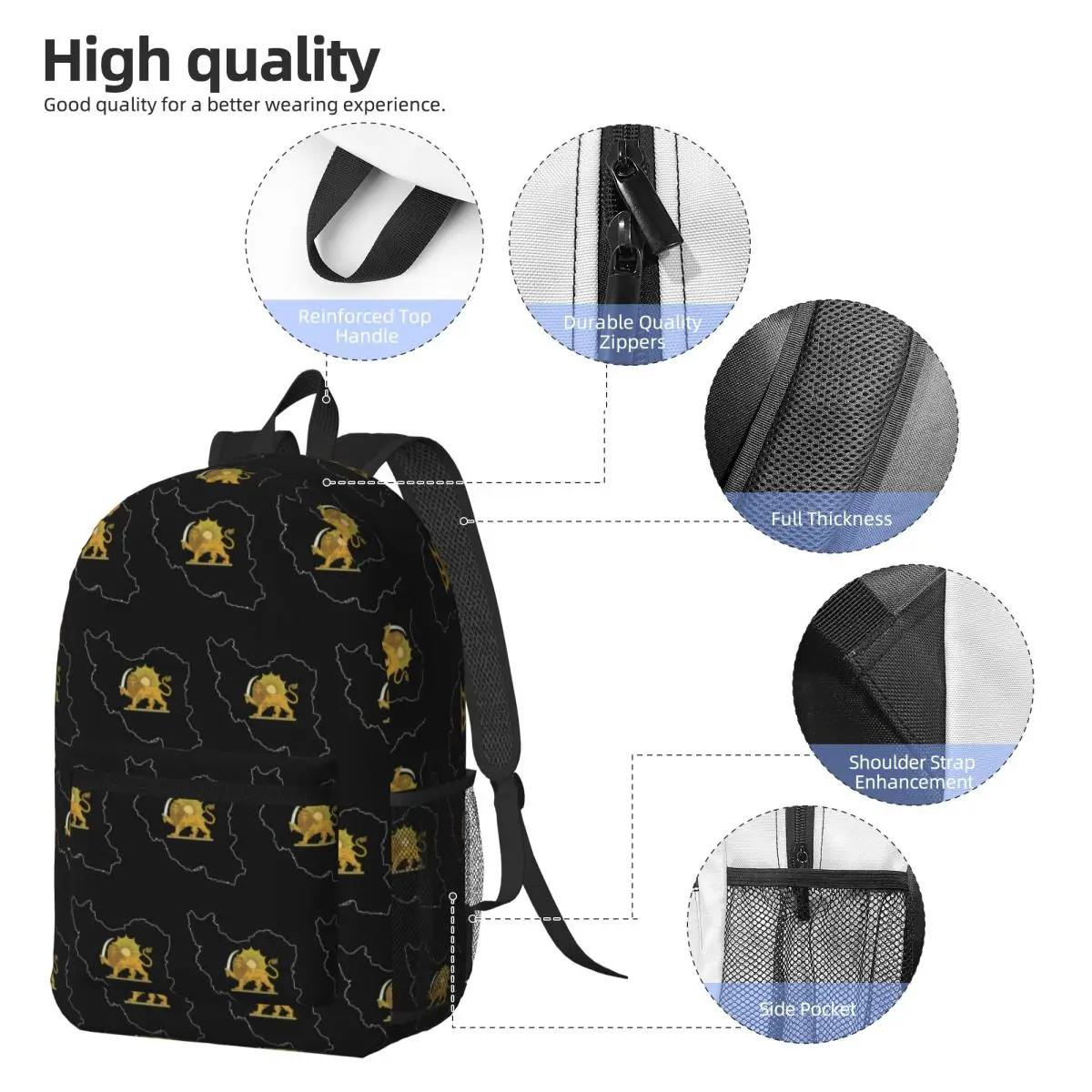 Iran Black Persian Lion Backpack Boys Girls BookBag Kids School Bag Computer Shoulder Bags for Men Women