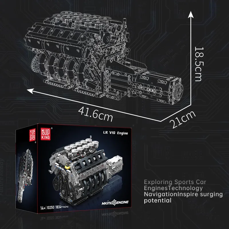 Mould King 10250 Technical Car Engine Toys The Motorized LR Sport Car V10 Engine Building Block Brick Set Kids Christmas Gift