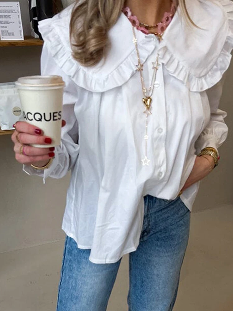 Pleated Doll Collar Solid Shirts Women Single Breasted Long Lantern Sleeve Loose Blouse 2024 Spring Lady New Casual Commuter Top