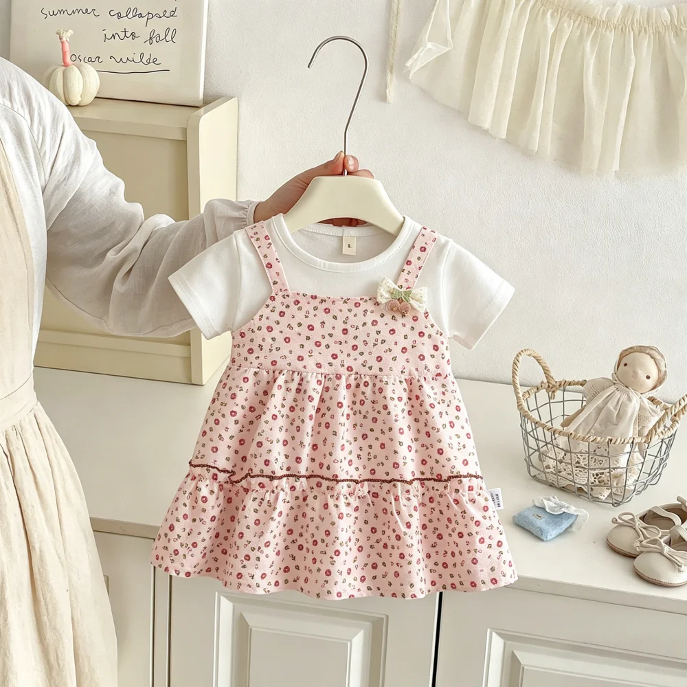 Mädchenkleid Sommer Blumenmuster Schleife Kurzarm Mädchenkleid Niedliches Strand-Freizeitkleid Babykleidung für Mädchen