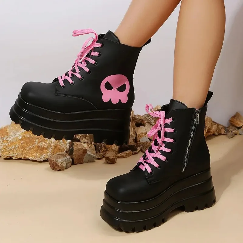 Schwarz-rosa Schnür-Kampfstiefel für Damen, 6 cm, Blockabsatz, Plateau-Damenstiefel, britischer Stil, dicke Sohle, Erhöhung der Höhe, Freizeitstiefel