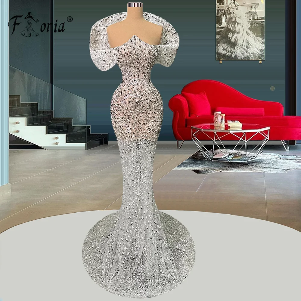 Gorgeous Full Beading Crystal Mermaid Evening Dress Off Shoulder Illusion Long Wedding Party Gown Dubai Woman Special Dresses