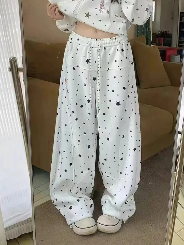 Women Stars Print Sweatpants Vintage Sweet High Waist Cute Pant Casual Preppy Style Female Japan Kawaii Loose Retro Trousers New