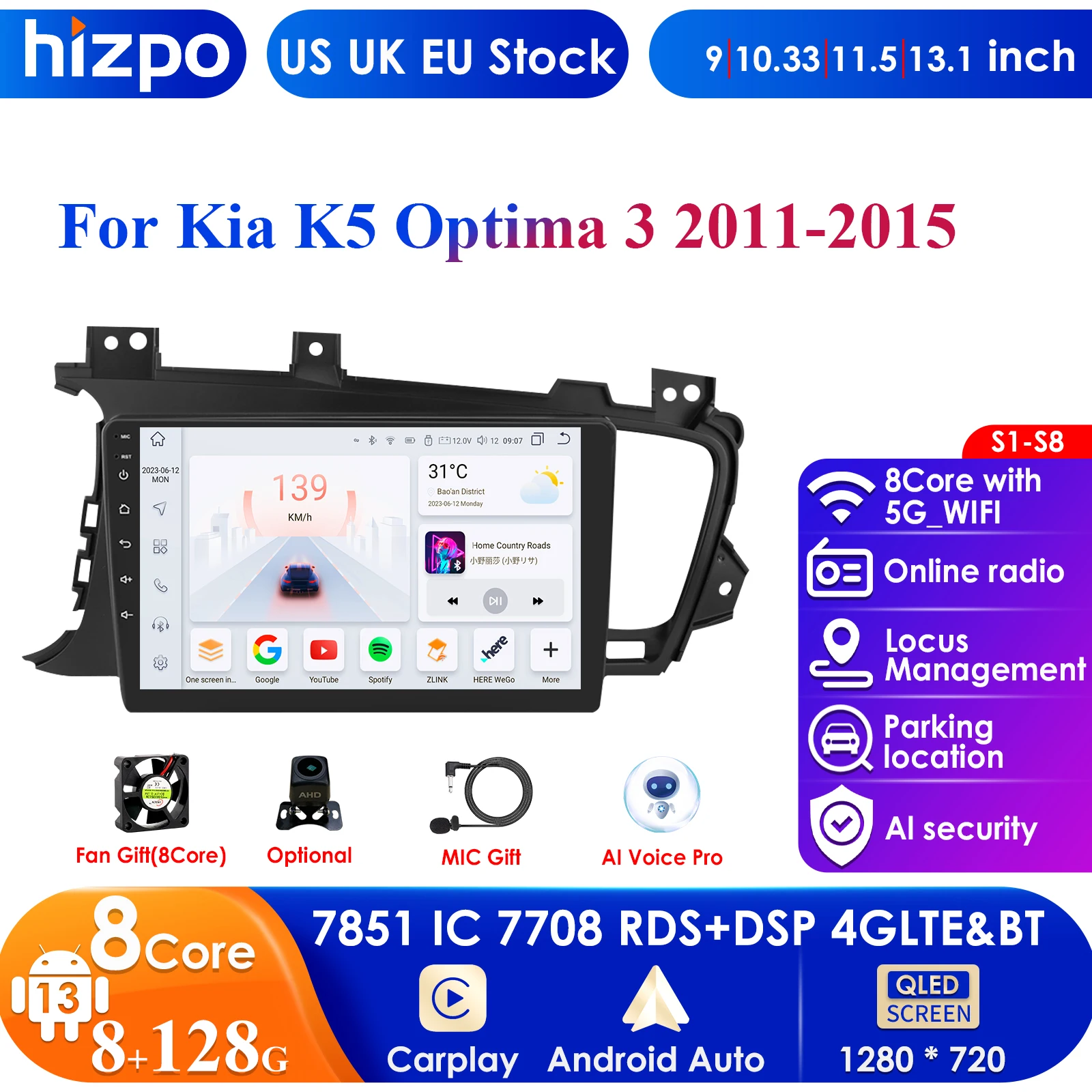 9'' 7862 Intelligent Screen 2din Android Car Radio Multimedia Video Player for Optima K5 2011-2015 GPS Carplay Auto 4G RDS Audio