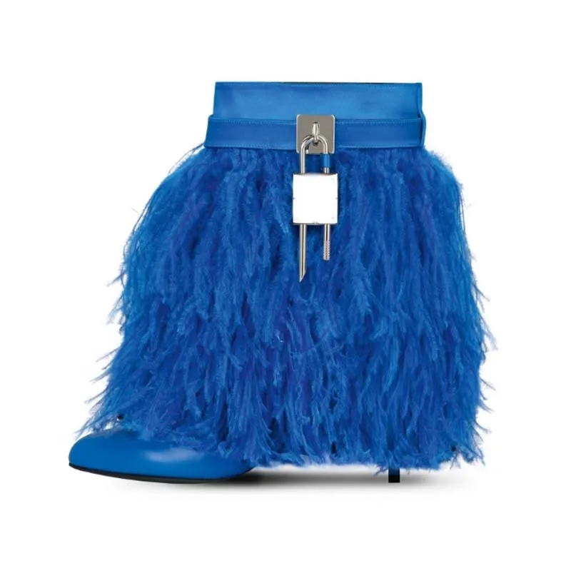 

Arden Furtado 2025 Spring Fur Ankle Boots Catwalk Boots Pointed toe pull-on Super high heel Metal buckle Modern boots large size