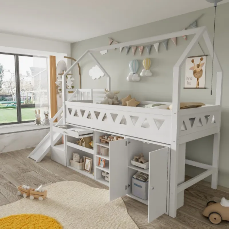 Children's Single Bed with Slide&Stairs,Multifunctional Solid Wood Bed Frame with Storage Drawers,Magnetic Locker Door,White