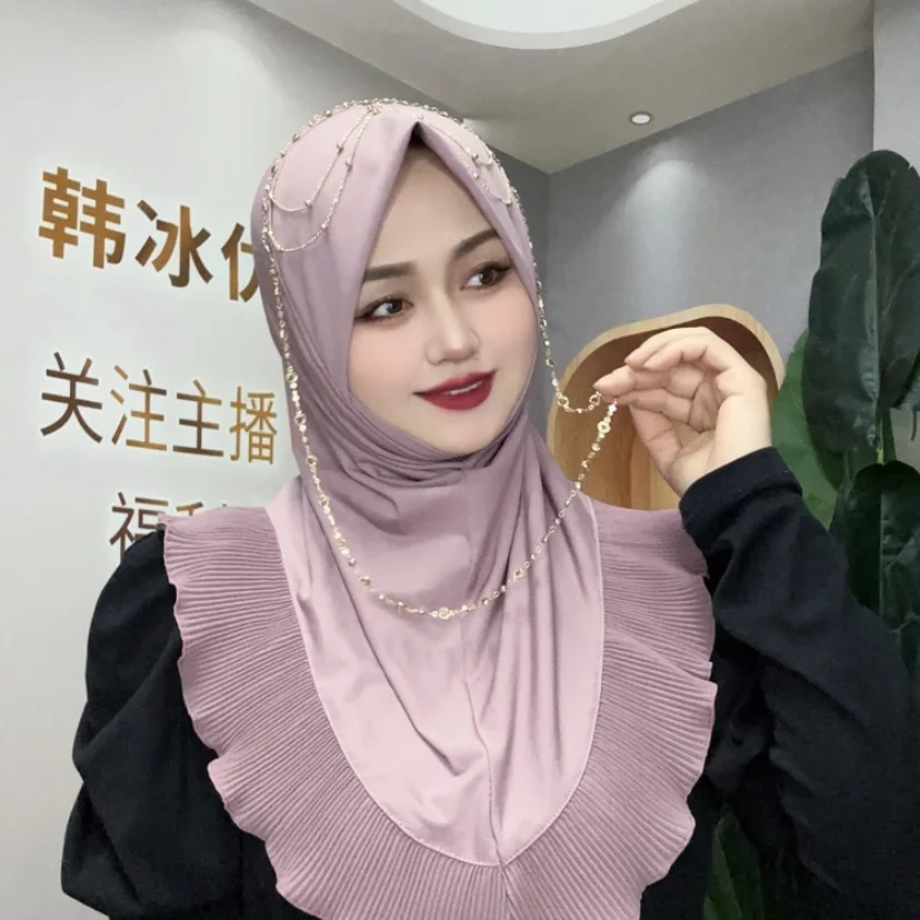 Muslim Women Ready Wears Falbala Hijabs Chains Decor Islam Clothing