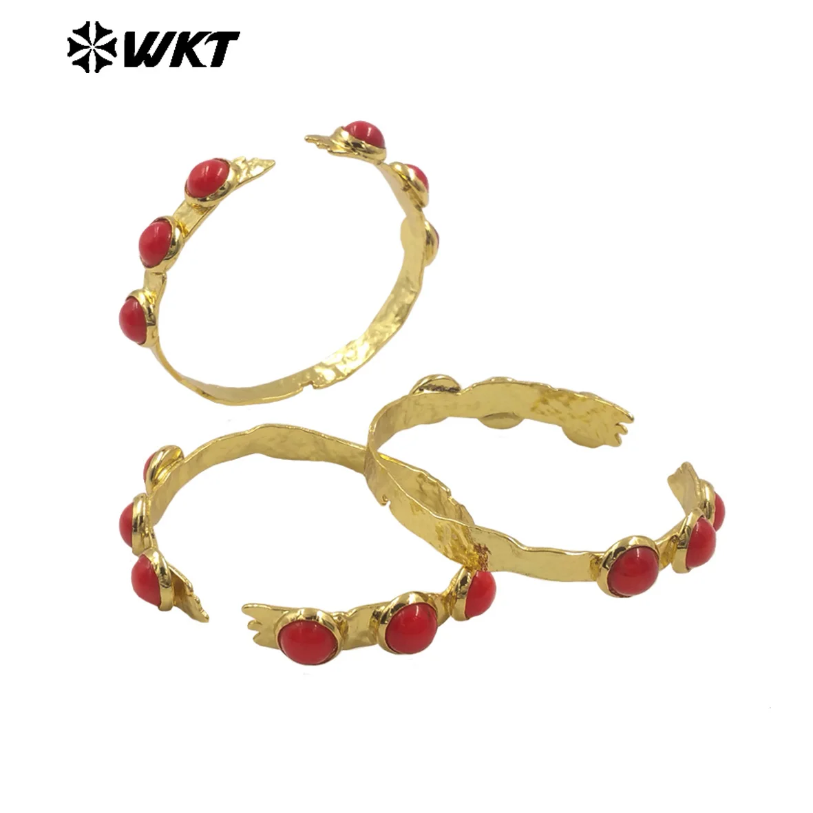 MPB111 WKT Stunning 18K Real Gold Plated Six Pieces Stone Bezel Setting Delicate Round Red Coral Bangle In 10PCS