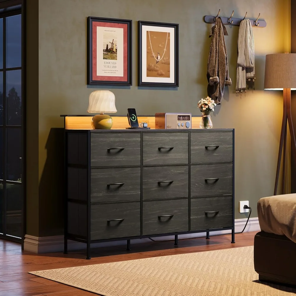 

Black Dresser TV Stand for 50, 55 inch, Led Dresser for Bedroom, Chest of Drawers with LED Lights, Charging Station