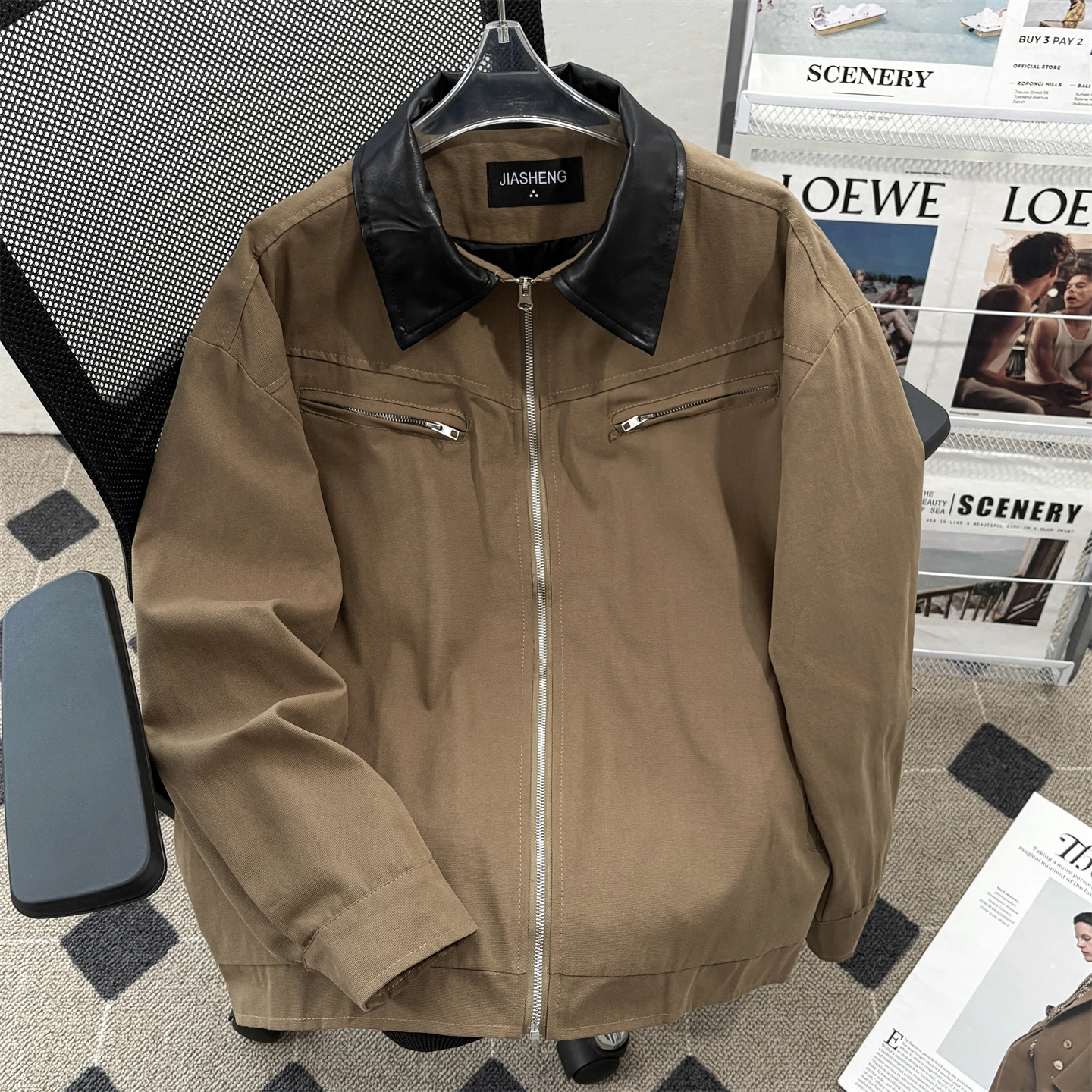 

Women Khaki Leather Patchwork Autumn Jacket Coat Harajuku Streetwear Long Sleeve Jacket Vintage Oversize Outerwear 2000s Clothes