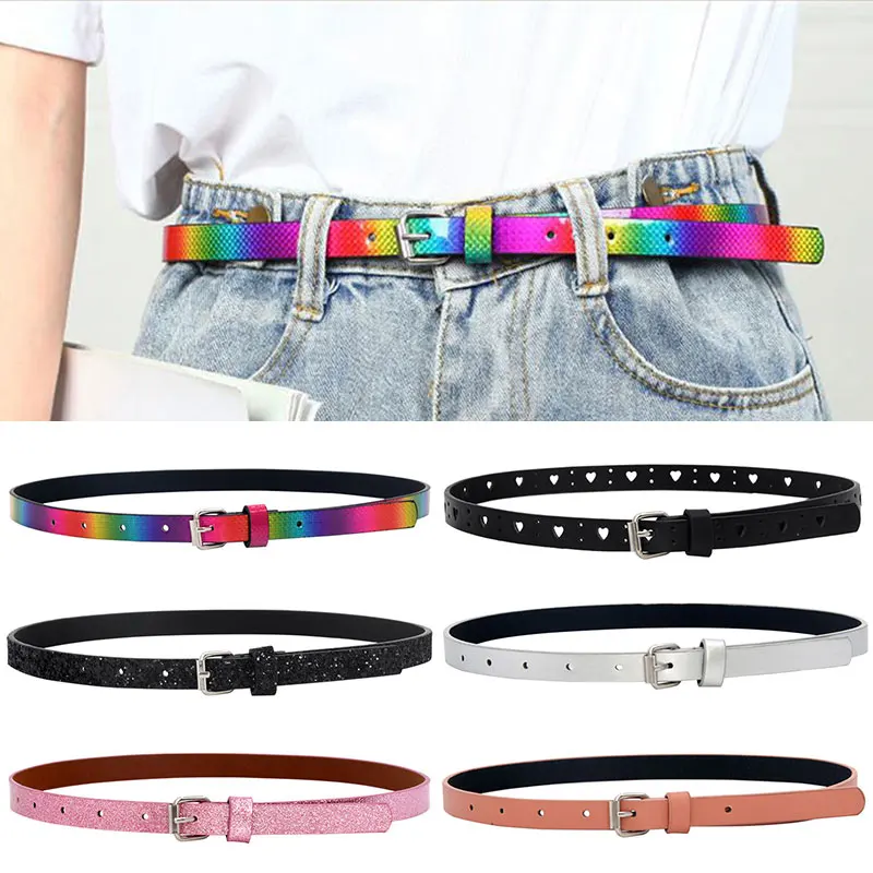 

Fashion Women's Belt Alloy Pink Buckle Sequins Belt Solid Color Colorful Waistband Children Leather Belts Glitter Waist Belt New