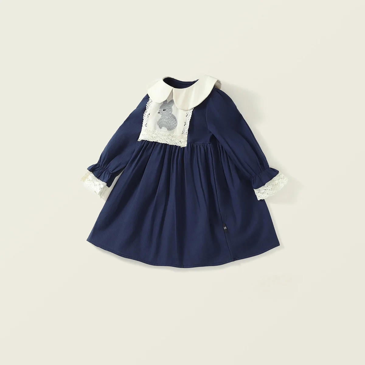 

Girl's Doll Collar Rabbit Embroidered Dress Spring Autumn Children Baby Infants Kids Long Sleeve Navy Blue Lapel Princess Dr