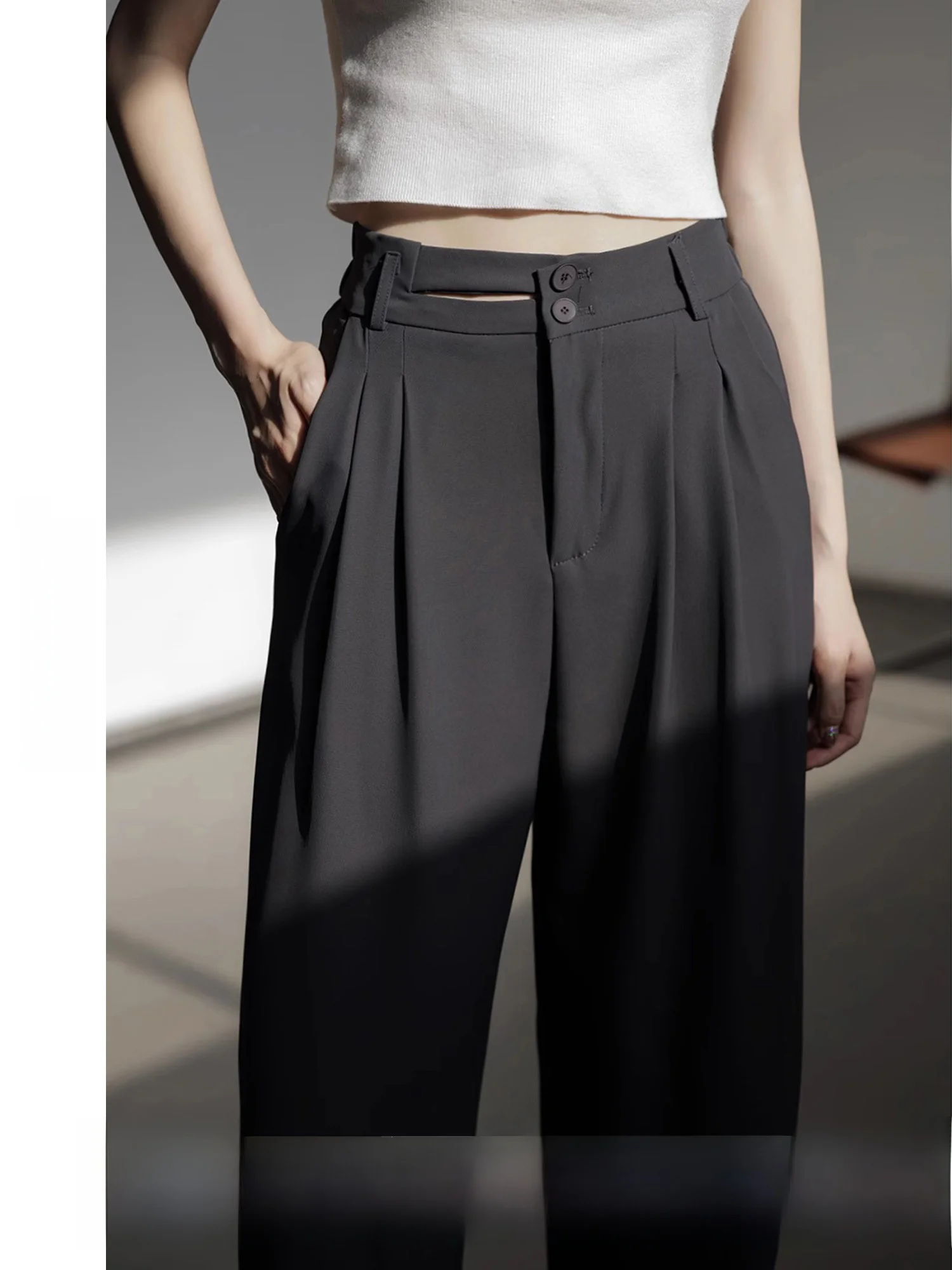 

Gray Casual High Waist Wide Leg Pants Women's New Style Simple Design Sensation Retro Commute Style Trousers for Ladies