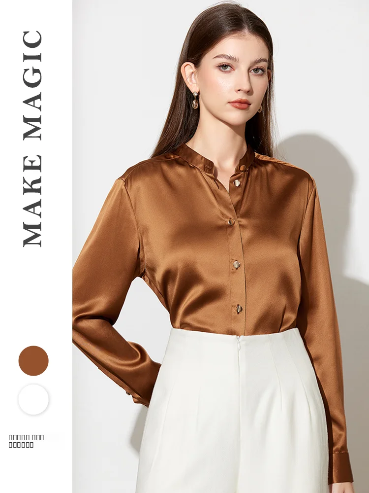 

ei 2026 Spring New 30 Momme Heavyweight True Silk Silk Stand Collar Large round Hem Loose Long Sve Women's irt