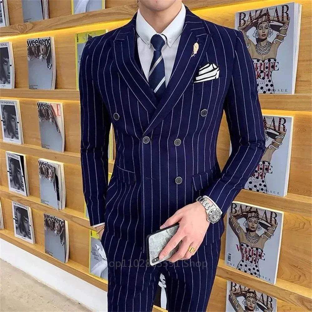 

Navy blue Striped Men's 2 Piece Suit Striped Suit Pants Striped Suit Top Business Blazers Tailor-made Suits