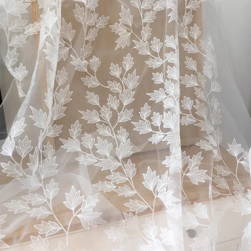 Off White Leaf Floral Lace Fabric for Wedding Gown Couture Dress Tulle Embroidery Lace Fabric Designer Fabric By the yard