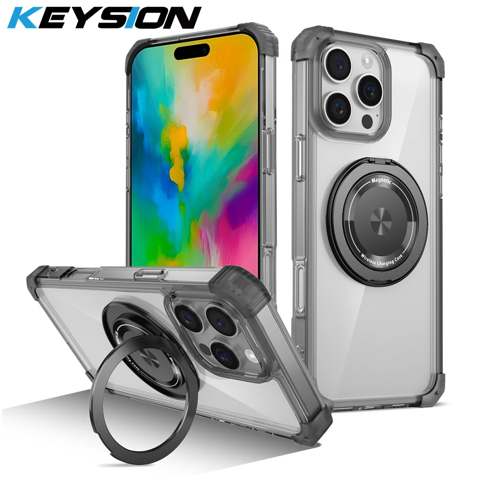 

Прозрачный противоударный чехол KEYSION HD для iPhone 16 Pro Max 16 Plus, вращающийся на 360 ° чехол-подставка с магнитным кольцом