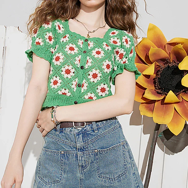 Women Floral Embroidered Sweet Top Square Collar Knit Short Sleeve Beach Shirt Ruffles Holiday Crop Top Spring Summer