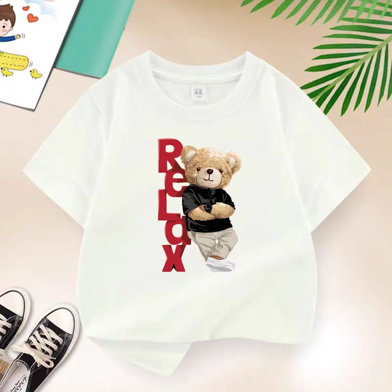 New 2025 Summer Fashion Children's Relax Bear Sport T-shirt Boys T Shirt Boys Clothes Print Cotton T Shirts Kids Clothes