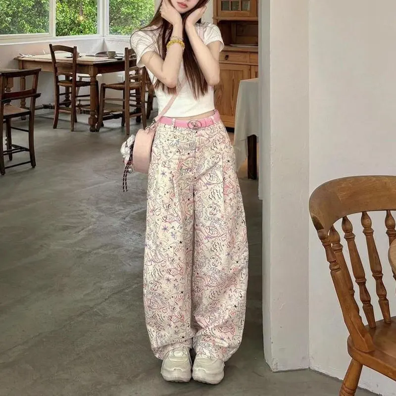 Women Cute Fish Hand-Painted Wide Leg Denim Pants High Waist Casual Loose Straight Trousers Autumn New Y2K Streetwear Chic Jeans