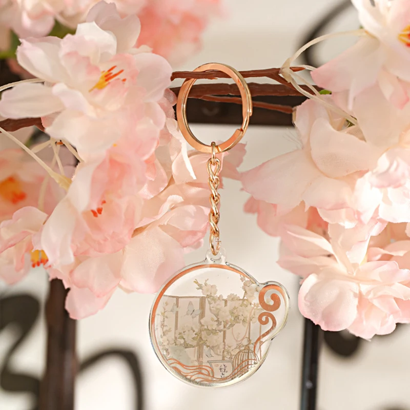 Antique Chinese Style Enamel Keychain Colorful Sakura Flower Key Ring Sweet Key Chains for Women Girls Handbag Jewelry Gifts