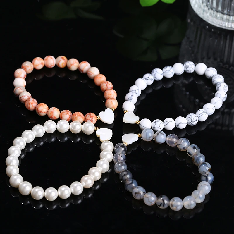 JD Natural White Shell Heart Bracelet Women Trendy Round Bead Handmade Stretch Lovers Bangles Single Circle Wrist Jewlery Gift