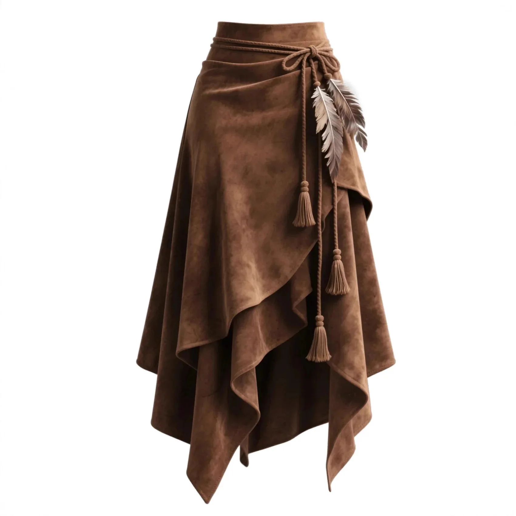 Women Suede A-Line Midi Skirt with Tie Waist Casual Office Wear Slimming Ruffled Asymmetrical Hem Skirt