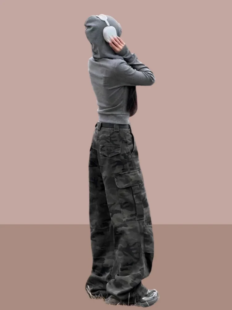 التمويه العمل السراويل النسائية ربيع الخريف جديد Sle كوي الجافة المشي لمسافات طويلة مستقيم الساق الجينز عادية بنطال ذو قصة أرجل واسعة