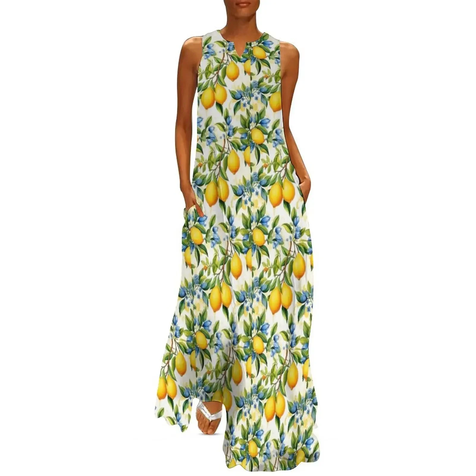

Mediterranean Lemons Azulejo Pattern Long Dress Women dresses summer Dress