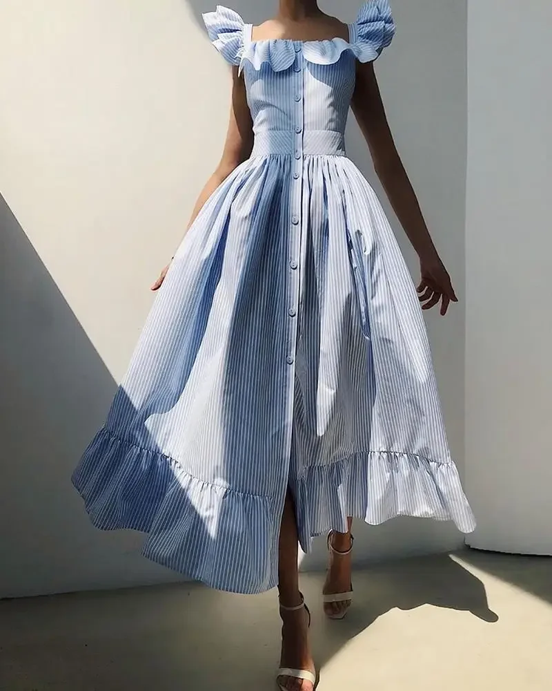 Striped Square Neck Flutter Sleeve Sweet Dress Women Ruffles Maxi Dresses Summer 2024 Cottagecore Sundress Boho Casual Vocation