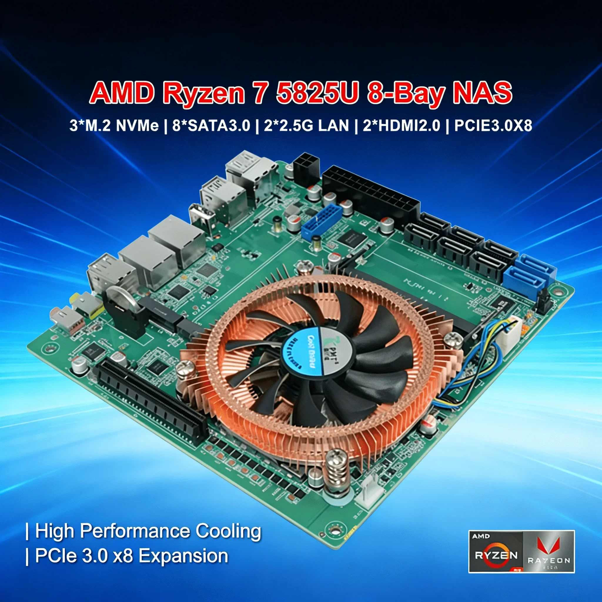 Carte mère NAS 11 baies avec AMD Ryzen 7 5825U, Mini ITX, double LAN 2.5G, double M.2 NVMe, 6 ports SATA, serveur domestique DIY