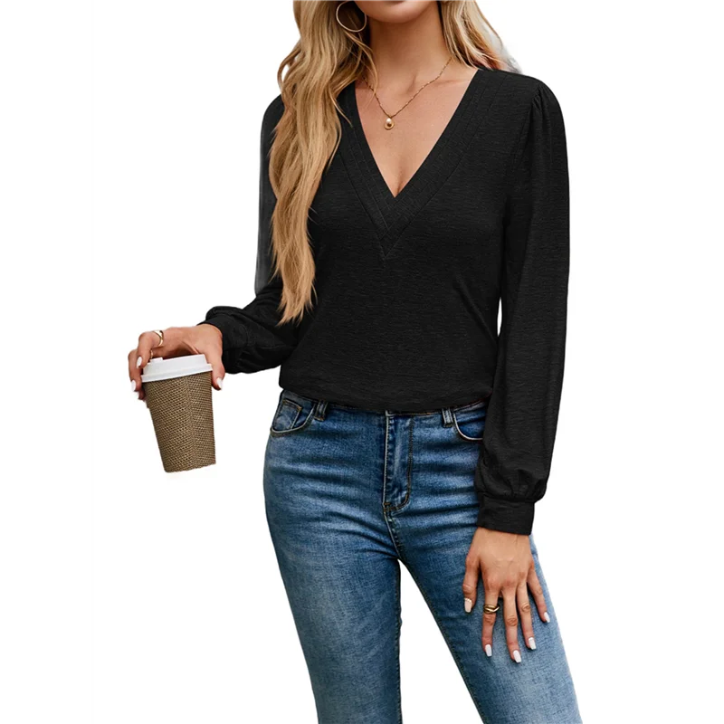 

FBIL-Womens V Neck Long Sleeve Tops Dressy Casual Fall Shirts Puff Sleeve Loose Tunic Trendy Tops Blouses